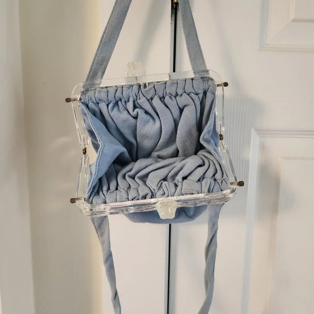 Vintage 1940s Lucite Frame Purse Pale Blue Linen | Art Deco Pouch Bag